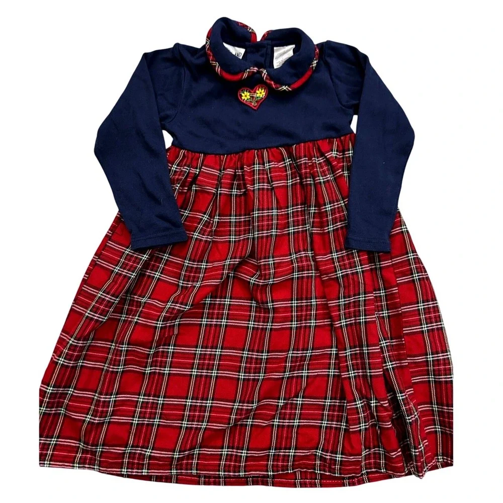 Vintage Youngland‎ Girls Navy Plaid Tartan Heart Applique Long Sleeve Dress 5